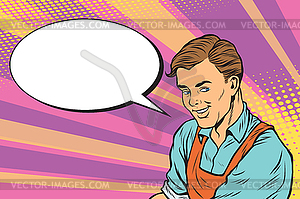 Worker in apron says, comic book bubble - color vector clipart