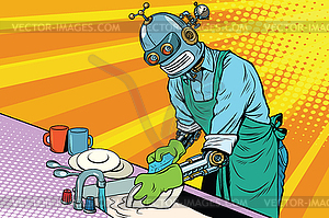 Vintage worker robot washes dishes - royalty-free vector clipart