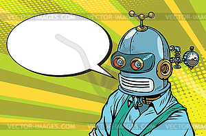 Robot Worker in apron says, comic book bubble - vector image