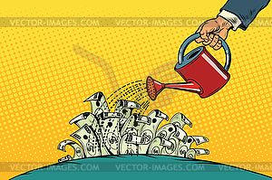 Businessman watered money dollars of watering can - vector image