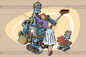 Vintage retro family, dad robot wife and child - vector clip art