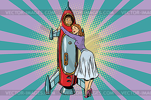 Wife hugs her husband astronaut in rocket - vector clipart