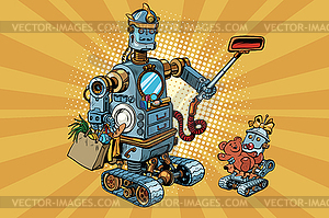 Family retro robots dad and baby - color vector clipart