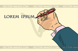 Businessman signs document with pen - vector clip art