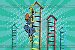 Businesswoman climbing up business ladder - vector clip art