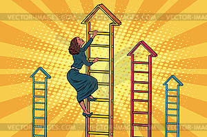 Businesswoman climbing up business ladder - vector image