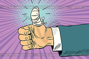 Bandaged finger up, like approval gesture - vector clip art