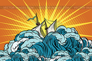 Retro sailing ship sinks in stormy waves - vector image