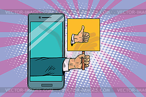 Thumb up gesture smartphone - vector clipart