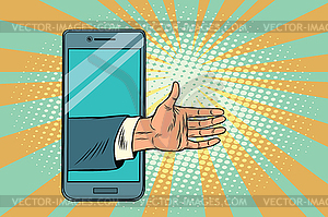 Greeting handshake open palm in smartphone - vector clip art