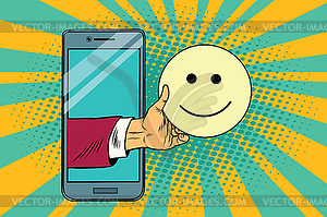 Smile joy emoji emoticons in smartphone - vector clipart