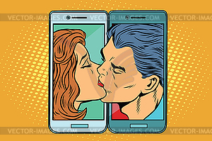 Retro man and woman kissing through smartphone - vector image