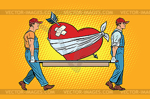 Valentine, wounded heart in love carry movers - vector image