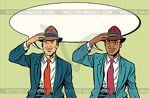 Joyful white and black businessmen in retro hats - vector clipart