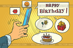 Mobile app greetings happy birthday - color vector clipart