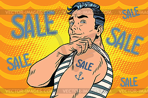 Матрос с продажей татуировкой на руке - цветной векторный клипарт