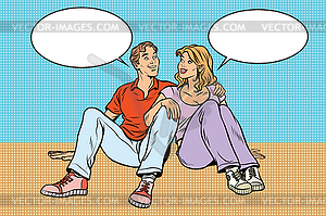 Young couple man and woman talking - vector image