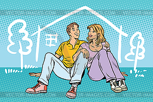 Young couple boy and girl dreams about house - vector clipart