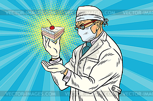 Laboratory scientist analyzes piece of cake - vector image