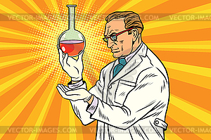 Scientist chemist analyzes laboratory flask - vector clipart