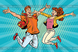Love couple young man and woman jumping - vector image