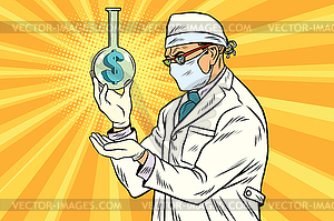 Scientist in mask analyzes economy - vector clipart