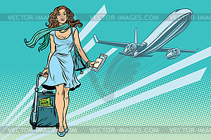 Beautiful young woman with Luggage at airport - vector image