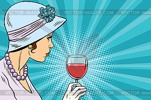 Retro lady with glass of wine - vector image