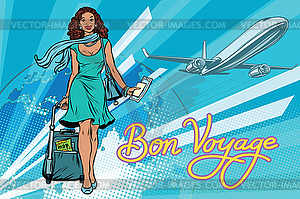 Beautiful African girl with ticket for flight - vector clipart