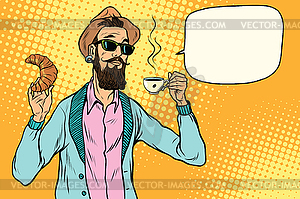 Hipster with coffee and croissant - vector image