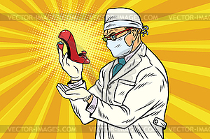 Retro scientist explores broken heel in womens shoes - royalty-free vector image