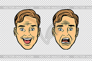 Two men face emotions of fear and joy - vector image