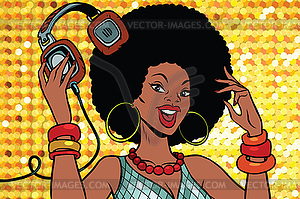 African American woman DJ with headphones - vector clipart