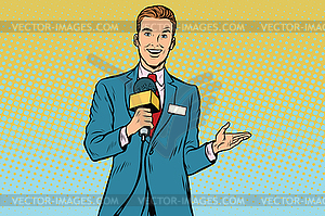 Joyful TV reporter with microphone - vector clip art