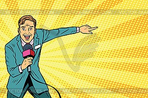 Joyful TV reporter broadcasts live - vector clip art