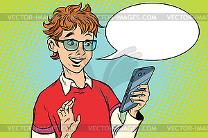 Teenager talking on phone, joy - stock vector clipart