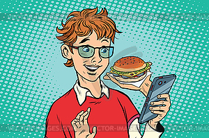 Online food delivery, teenager uses smartphone app - vector clip art