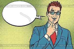 Smiling businessman was up to something, finger to - vector clip art