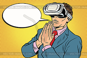 Prayer of VR reality, religion and technology - vector image