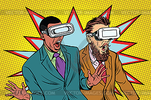 Двое мужчин в очках VR испугались и закричали в панике - изображение в векторном формате