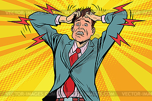 Businessman panic head hand, illness and medicine - vector image