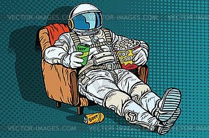 Astronaut audience with beer and popcorn sitting - vector clipart