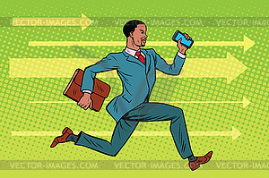 Businessman with smartphone running fast forward - vector clip art