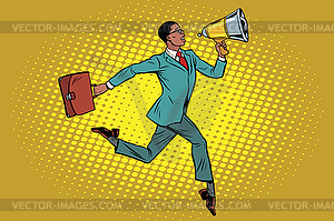 Elegant businessman with megaphone - vector clipart