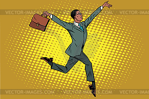 Elegant funny African businessman with briefcase - stock vector clipart