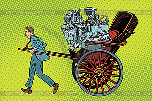 Manual labor vs mechanical, rickshaw carries motor - color vector clipart