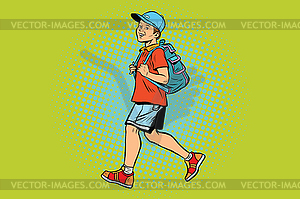 Boy student with backpack goes to school or Hiking - vector clip art