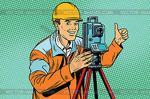 Builder surveyor with theodolite optical - vector clipart