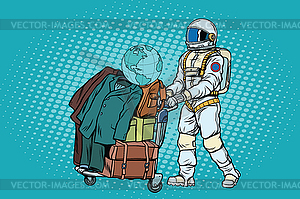 Astronaut traveler with baggage cart - vector image