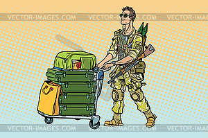 Military tourism, mercenary with Luggage - vector clipart / vector image